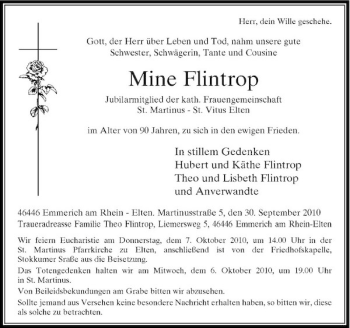 Traueranzeige von Mine Flintrop von Rheinische Post