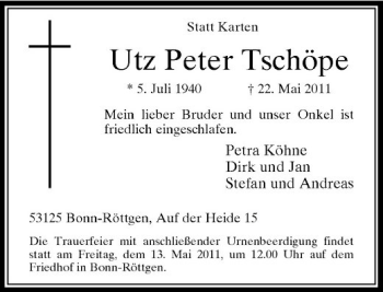 Traueranzeige von Utz Peter Tschöpe von Rheinische Post