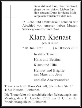 Traueranzeige von Klara Kienast von Rheinische Post