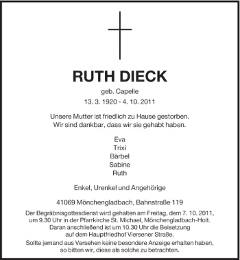 Traueranzeige von Ruth Dieck von Rheinische Post