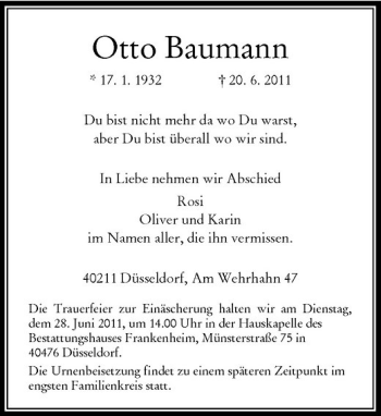 Traueranzeige von Otto Baumann von Rheinische Post