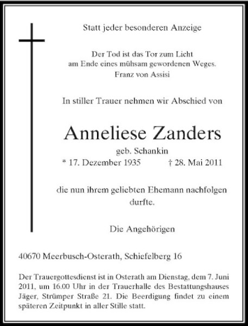 Traueranzeige von Anneliese Zanders von Rheinische Post