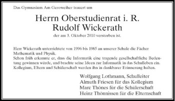 Traueranzeige von Herrn Oberstudienrati.R.Rudolf Wickerath von Rheinische Post