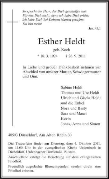 Traueranzeige von Esther Heldt von Rheinische Post