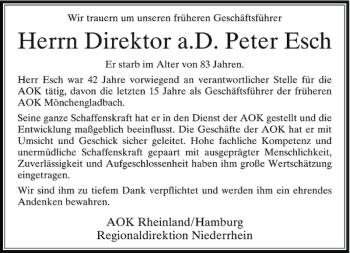 Traueranzeige von a.D. Peter Esch Direktor von Rheinische Post