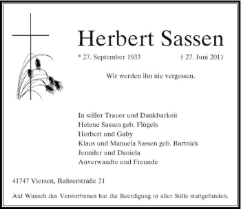 Traueranzeige von Herbert Sassen von Rheinische Post