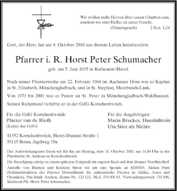 Traueranzeige von Pfarreri.R.Horst Peter Schumacher von Rheinische Post