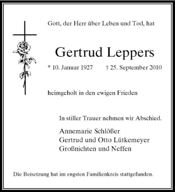 Traueranzeige von Gertrud Leppers von Rheinische Post