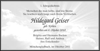 Traueranzeige von Hildegard Geiser von Rheinische Post