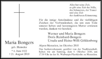Traueranzeige von Maria Bongers von Rheinische Post
