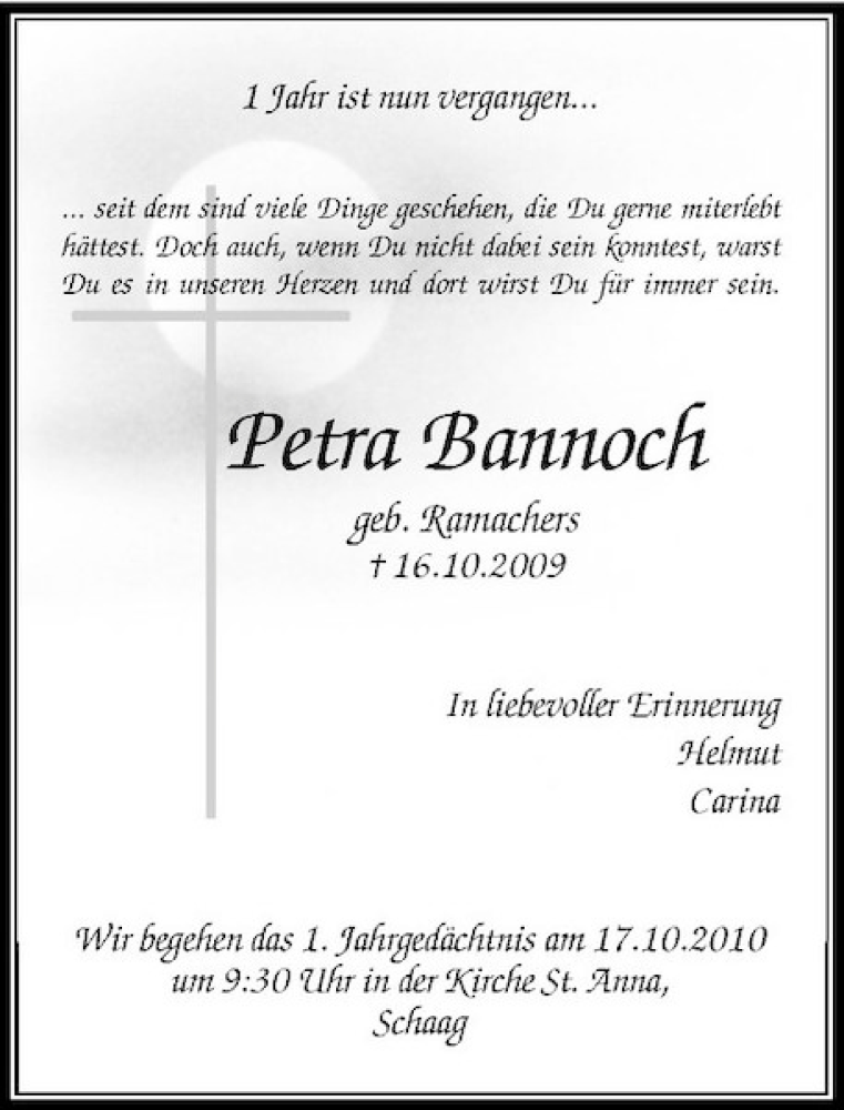  Traueranzeige für Petra Bannoch vom 09.10.2010 aus Rheinische Post