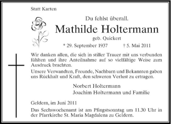 Traueranzeige von Mathilde Holtermann von Rheinische Post