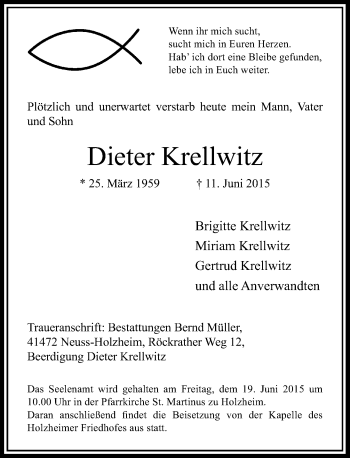 Traueranzeige von Dieter Krellwitz von Rheinische Post