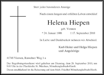 Traueranzeige von Helena Hiepen von Rheinische Post