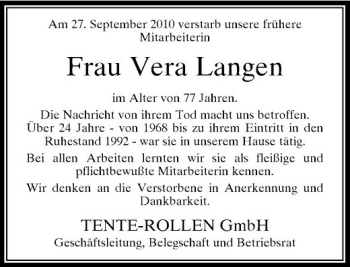 Traueranzeige von Frau Vera Langen von Rheinische Post