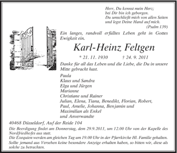 Traueranzeige von Karl-Heinz Feltgen von Rheinische Post