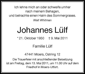 Traueranzeige von Johannes Lülf von Rheinische Post