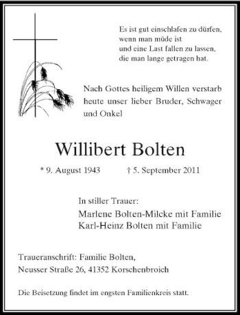 Traueranzeige von Willibert Bolten von Rheinische Post