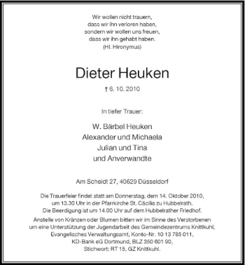 Traueranzeige von Dieter Heuken von Rheinische Post