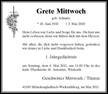 Traueranzeige von Grete Mittwoch von Rheinische Post