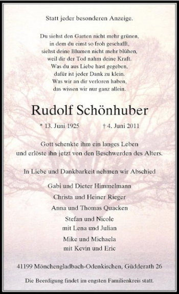 Traueranzeige von Rudolf Schönhuber von Rheinische Post