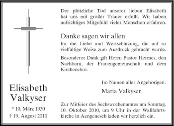 Traueranzeige von Elisabeth Valkyser von Rheinische Post