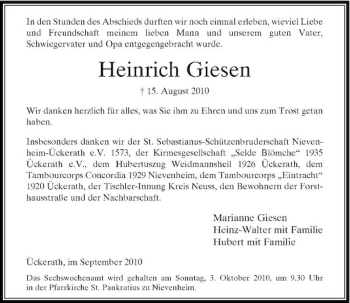 Traueranzeige von Heinrich Giesen von Rheinische Post
