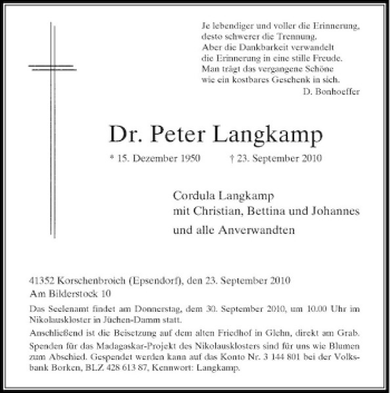 Traueranzeige von Dr. Peter Langkamp von Rheinische Post