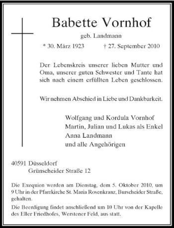 Traueranzeige von Babette Vornhof von Rheinische Post
