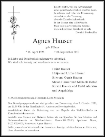 Traueranzeige von Agnes Hauser von Rheinische Post