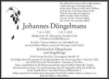 Traueranzeige von Johannes Düngelmans von Rheinische Post