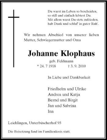 Traueranzeige von Johanne Klophaus von Rheinische Post