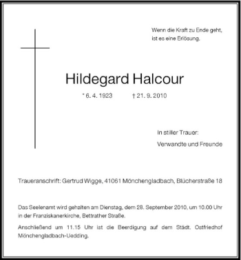 Traueranzeige von Hildegard Halcour von Rheinische Post