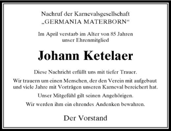 Traueranzeige von Johann Ketelaer von Rheinische Post