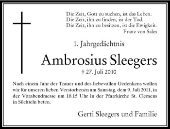 Traueranzeige von Ambrosius Sleegers von Rheinische Post