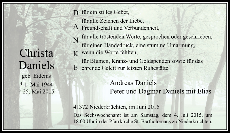 Traueranzeige für Andreas Daniels vom 27.06.2015 aus Rheinische Post