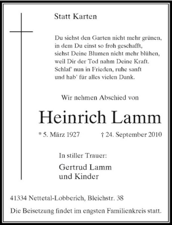 Traueranzeige von Heinrich Lamm von Rheinische Post