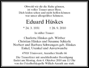 Traueranzeige von Eduard Hüskes von Rheinische Post