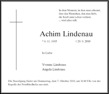 Traueranzeige von Achim Lindenau von Rheinische Post