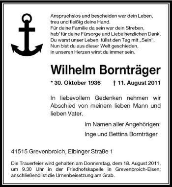 Traueranzeige von Wilhelm Bornträger von Rheinische Post