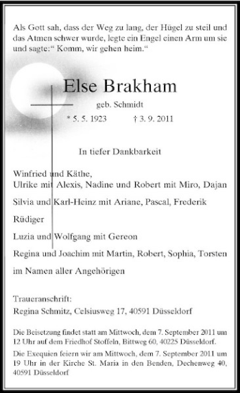 Traueranzeige von Else Brakham von Rheinische Post