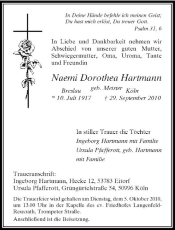 Traueranzeige von Naemi Dorothea Hartmann von Rheinische Post
