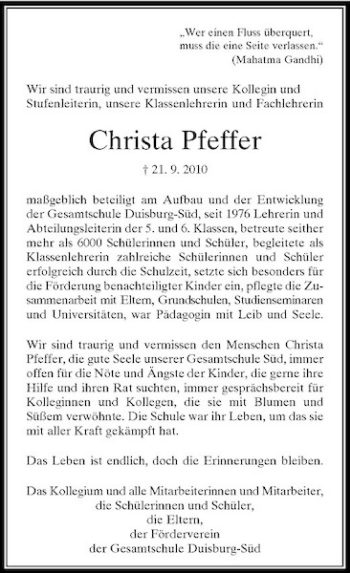 Traueranzeige von Christa Pfeffer von Rheinische Post