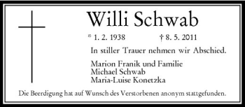 Traueranzeige von Willi Schwab von Rheinische Post