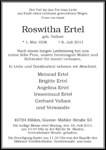 Traueranzeige von Roswitha Ertel von Rheinische Post