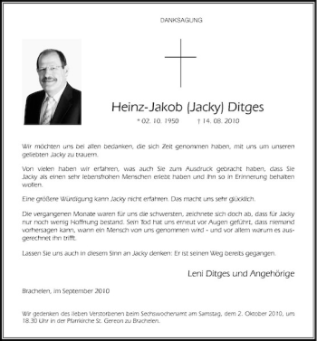 Traueranzeige von Heinz-Jakob (Jacky) Ditges von Rheinische Post