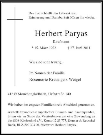 Traueranzeige von Herbert Paryas von Rheinische Post