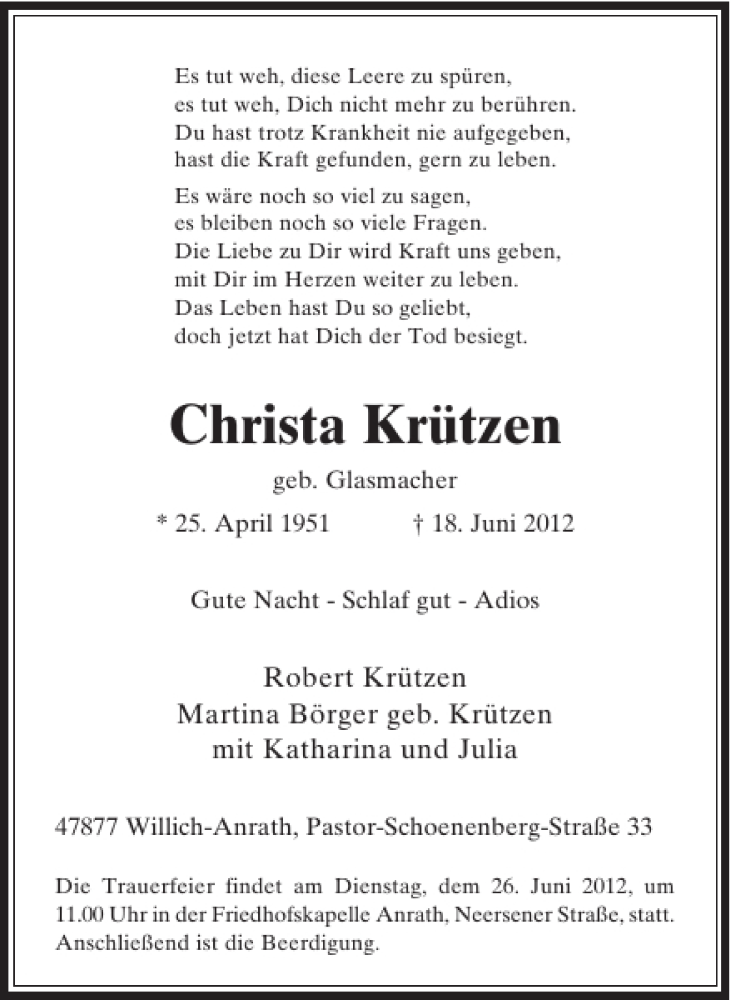  Traueranzeige für Christa Krützen vom 23.06.2012 aus Rheinische Post