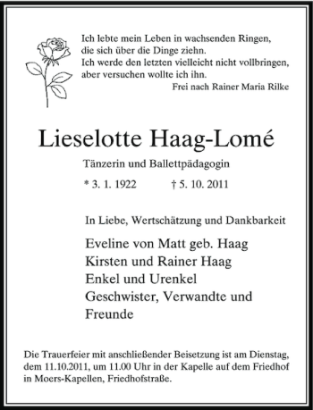 Traueranzeige von Lieselotte Haag-Lomé von Rheinische Post