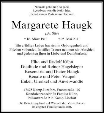 Traueranzeige von Margarete Haugk von Rheinische Post